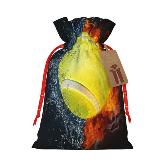 Naloa Tennis Ball In Fire And Water Drawstring Christmas Bags, 3D Xmas Gift Bags, Christmas Wrapping Bags, Xmas Goodie Bags, Treat Pouch Bags, Party Favor Bags-Medium