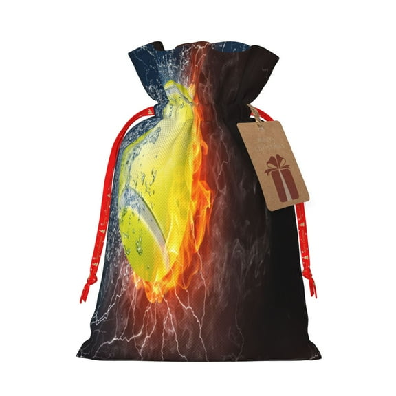 Naloa Tennis Ball On Fire And Water Drawstring Christmas Bags, 3D Xmas Gift Bags, Christmas Wrapping Bags, Xmas Goodie Bags, Treat Pouch Bags, Party Favor Bags-Small