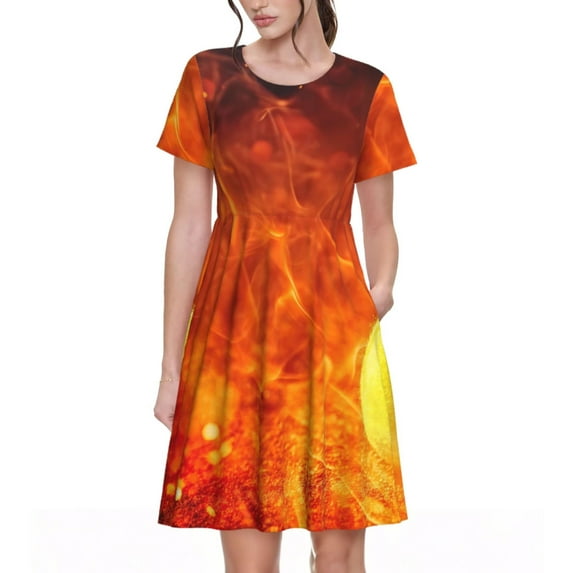 Naloa Tennis Ball In Fire Print Womens Summer A-Line Dress with Pockets,Short Sleeve Dresses,Flowy Beach Swing Dress for Vacation Travel