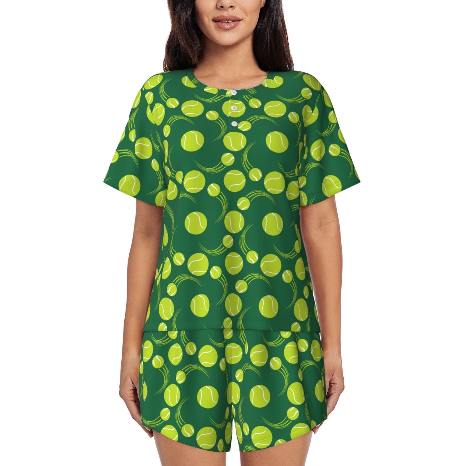 Naloa Tennis Balls Women's Short-Sleeved Pajama Set, Loungewear, Summer pajamas, Breathable Cozy - X-Large