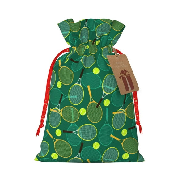 Naloa Tennis Rackets and Balls Drawstring Christmas Bags, 3D Xmas Gift Bags, Christmas Wrapping Bags, Xmas Goodie Bags, Treat Pouch Bags, Party Favor Bags-Medium