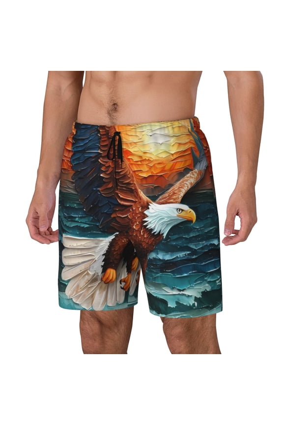 Textured Bald Eagle Print Men Swim Trunks with Compression Liner ,Board Shorts,Men's Swim Shorts with Drawstring and Elastic Waistband-Large