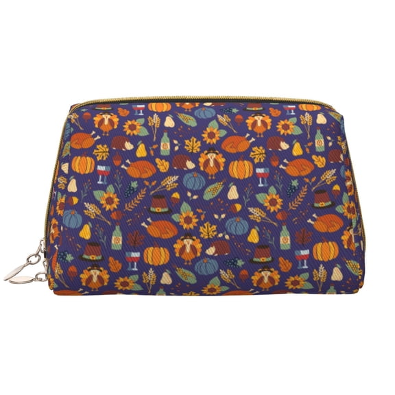 Naloa Thanksgiving Turkey 2 Leather Makeup Bag for Purse Travel, Portable Small Cosmetic Organizer for Women and Girls, Make up Bag with Zipper