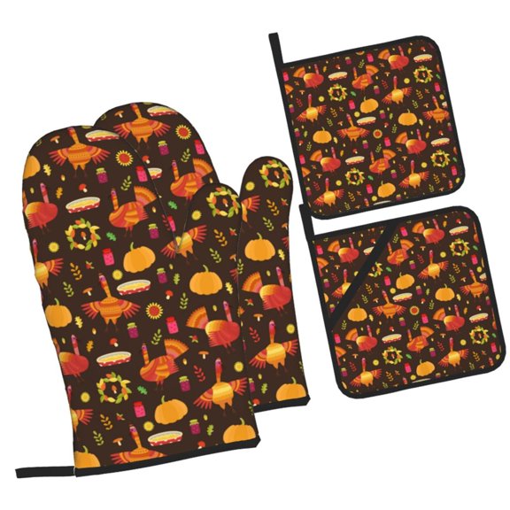 Naloa Thanksgiving Turkey Oven Mitts and Pot Holders 4 pcs Set, Cooking Baking Grilling Kitchen Oven Glove for Cooking
