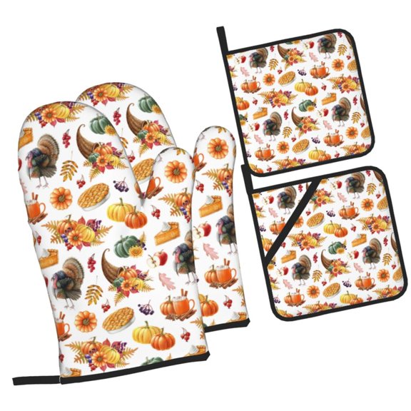 Naloa Thanksgiving Turkeys 1 Oven Mitts and Pot Holders 4 pcs Set, Cooking Baking Grilling Kitchen Oven Glove for Cooking