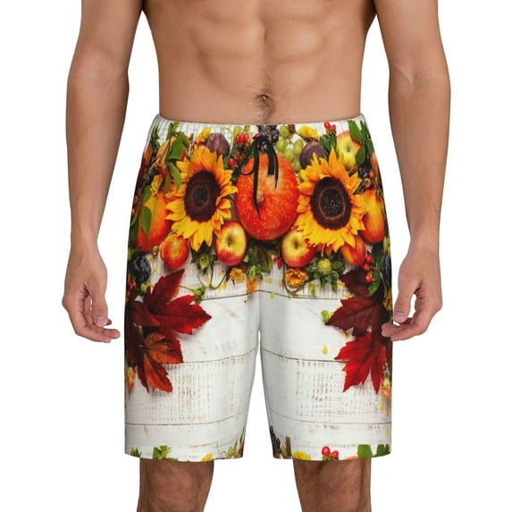 Naloa Thanksgiving With Autumn Men's Short Pajama Pants, Lounge Comfort Shorts with Elasticized Waistband and Side Pockets - 4X-Large