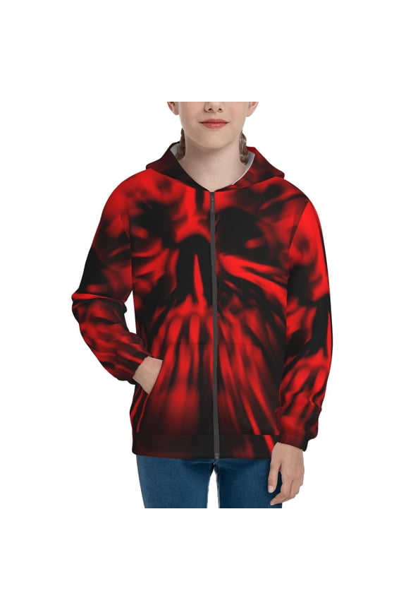The Red Head Skull Teenage Zipper Hoodie, Long Sleeve Zip Up Hoodies Casual Jackets Tops for 7-12 Years-Small