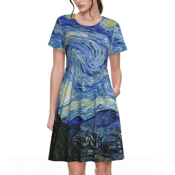 Naloa The Starry Night Print Womens Summer A-Line Dress with Pockets,Short Sleeve Dresses,Flowy Beach Swing Dress for Vacation Travel