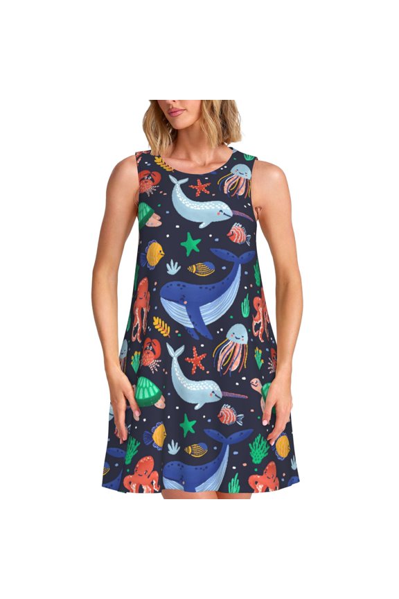 The Underwater World Print Women's Summer Spring Casual Beach Sundress,Vacation Sleeveless Tank Crewneck Loose Dresses