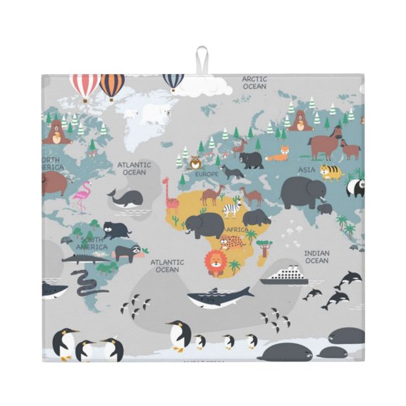 Naloa The World Map with Cartoon Animals Dish Drying Mat for Kitchen Counter, Heat Resistant Drainer Mats, Absorbent Draining Mat,Dish Rack Pad,16"x18"