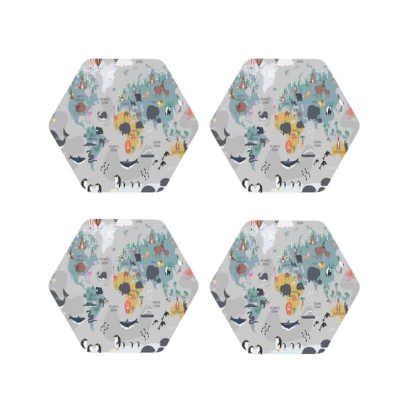 Naloa The World Map with Cartoon Animals Leather Coasters for Drinks, Durable Drink Coasters 4 Set for Tabletop Protection, Luxurious Home Décor and Housewarming Gift ( {designName})Hexagon