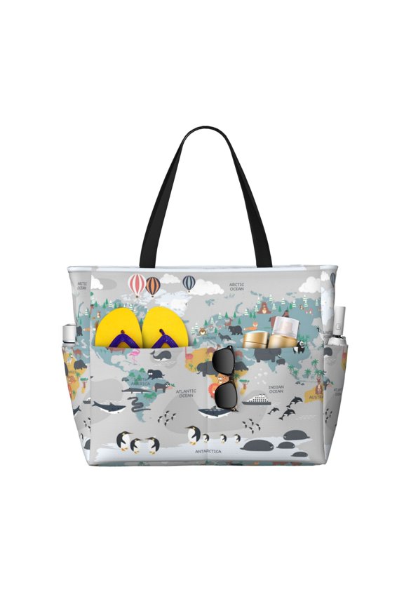 The World Map with Cartoon Animals Large Capacity Beach Bag, Waterproof Sandproof Beach Swim Pool Bag Tote Bag for Women
