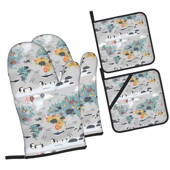 Naloa The World Map with Cartoon Animals Oven Mitts and Pot Holders 4 pcs Set, Cooking Baking Grilling Kitchen Oven Glove for Cooking