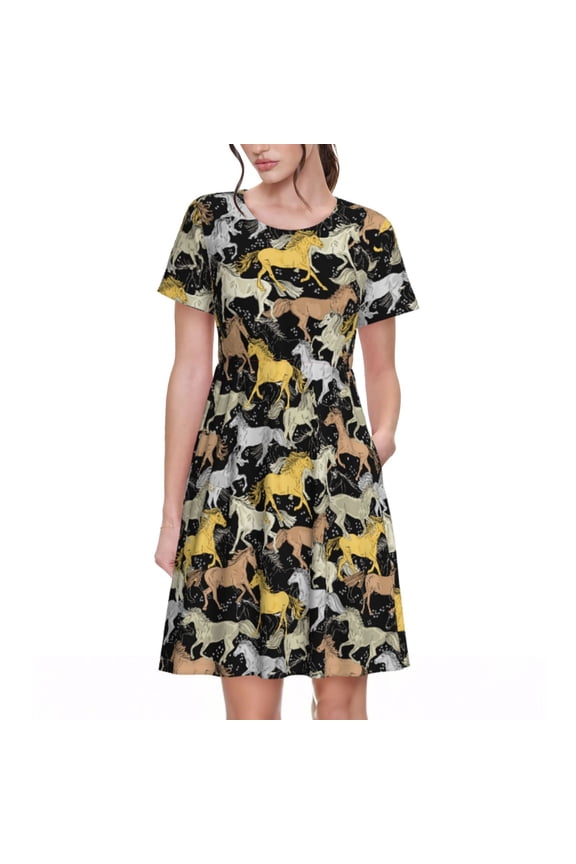 The running horses Print Womens Summer A-Line Dress with Pockets,Short Sleeve Dresses,Flowy Beach Swing Dress for Vacation Travel