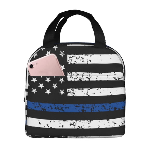 Naloa Thin Blue Line Flag Print Lunch Box for Women Men,Insulated Lunch Bag,Lunchbox,Thermal Leakproof Cooler,Reusable Lunch Tote Bag for Work School Travel Picnic