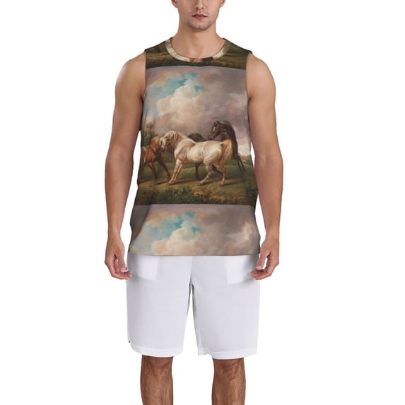 Naloa Three Horses Oil Painting Basketball Jersey Reversible Men's Mesh Athletic Sports Shirts Training Practice S-4XLMedium
