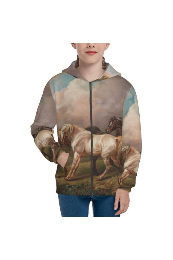 Three Horses Oil Painting Teenage Zipper Hoodie, Long Sleeve Zip Up Hoodies Casual Jackets Tops for 7-12 Years-Medium