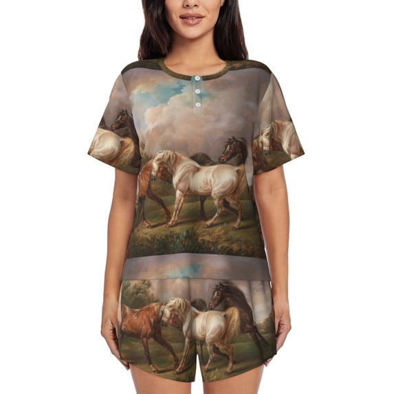 Naloa Three Horses Oil Painting Women's Short-Sleeved Pajama Set, Loungewear, Summer pajamas, Breathable Cozy - XX-Large