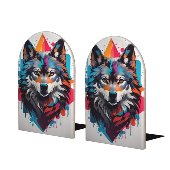 Naloa Tie-Dye Wolf Head 2 Pcs Bookend Large Capacity Office Book Ends for Home Office Library School Study Decoration