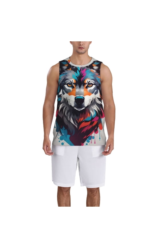 Tie-Dye Wolf Head Basketball Jersey Reversible Men's Mesh Athletic Sports Shirts Training Practice S-4XLLarge