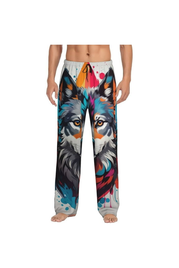 Tie-Dye Wolf Head Pajama Pants Men, PJ Bottoms, Sleep & Lounge Pants-Medium