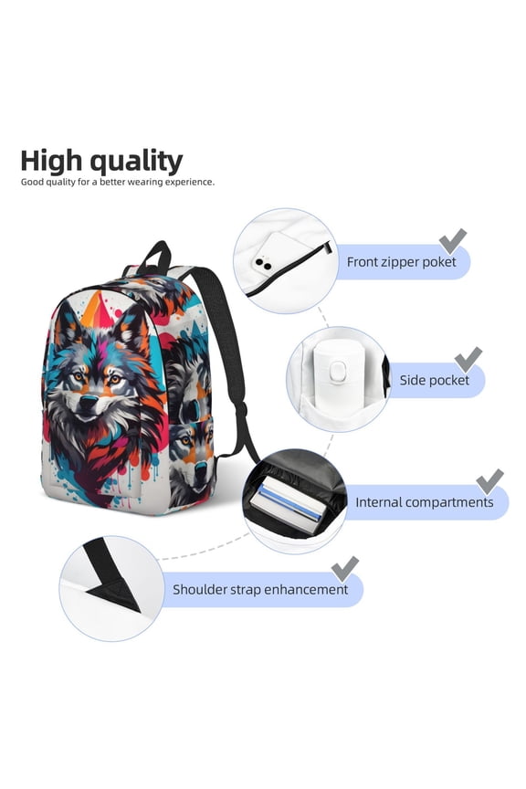 Tie-Dye Wolf Head Print Durable Canvas College Rucksack,Laptop Excursion Backpack,Travel Notebook School Backpack,Bookbag For Men Women