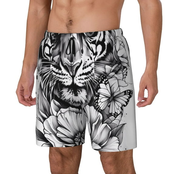 Naloa Tiger Butterfly Floral Art Print Men Swim Trunks with Compression Liner ,Board Shorts,Men's Swim Shorts with Drawstring and Elastic Waistband-3X-Large