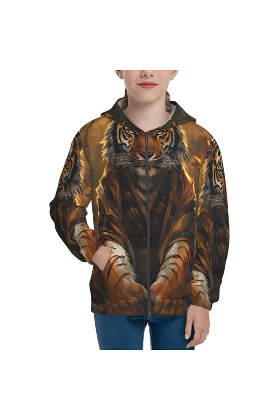 Tiger In The Fallen Leaf Forest Teenage Zipper Hoodie, Long Sleeve Zip Up Hoodies Casual Jackets Tops for 7-12 Years-Small