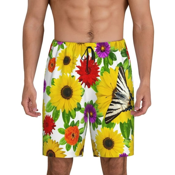 Naloa Tiger Swallowtail On Flowers Men's Short Pajama Pants, Pj Shorts, Lounge Comfort Shorts-Small