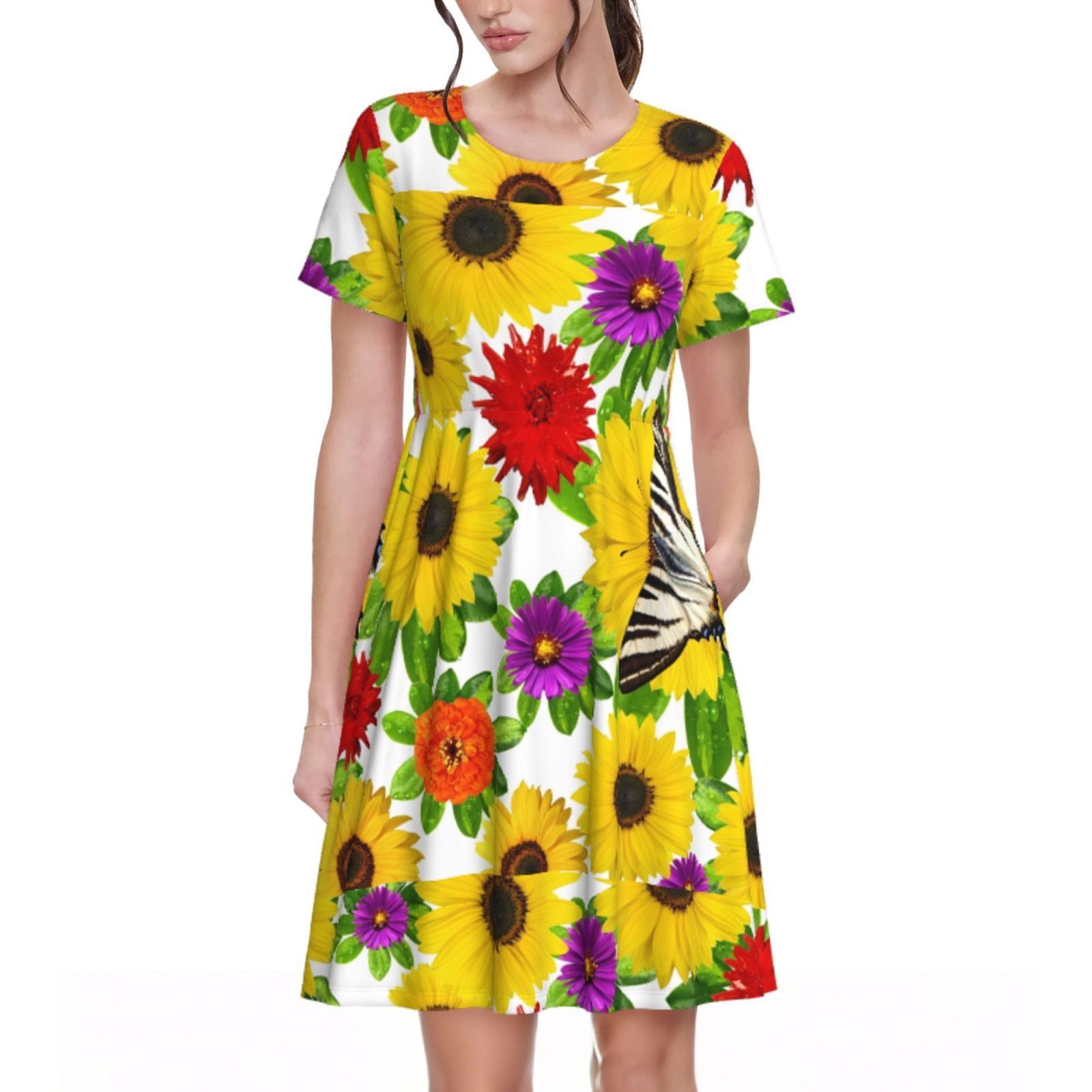 Summer Arrival Animals and Flowers Pattern Fly Sleeves Crew Neck Dress for Stylish Girls
