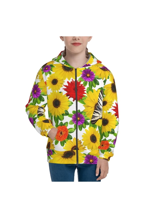 Tiger Swallowtail On Flowers Teenage Zipper Hoodie, Long Sleeve Zip Up Hoodies Casual Jackets Tops for 7-12 Years-