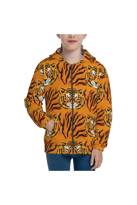 Tiger Teenage Zipper Hoodie, Long Sleeve Zip Up Hoodies Casual Jackets Tops for 7-12 Years-Medium