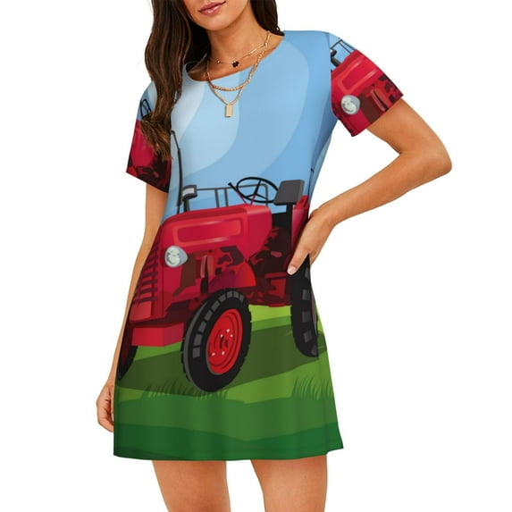 Naloa Tractor on farming land Print Women Nightgowns,Womens Loungewear,Short Sleeve Sleepwear,Comfy Ladies Nightdress