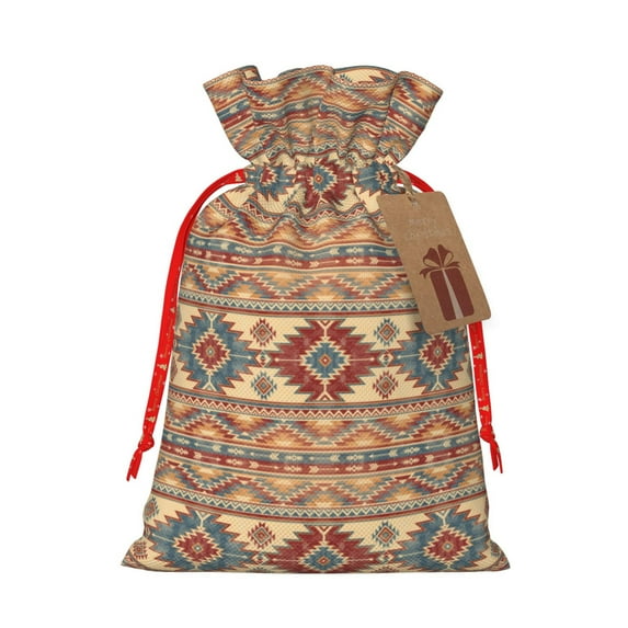 Naloa Traditional Tribal Aztec Drawstring Christmas Bags, 3D Xmas Gift Bags, Christmas Wrapping Bags, Xmas Goodie Bags, Treat Pouch Bags, Party Favor Bags-Medium