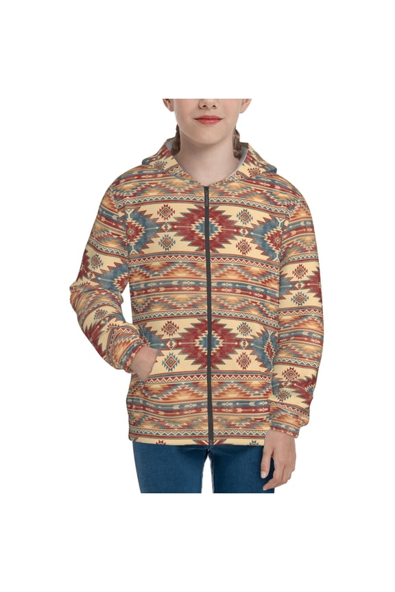 Traditional Tribal Aztec Teenage Zipper Hoodie, Long Sleeve Zip Up Hoodies Casual Jackets Tops for 7-12 Years-