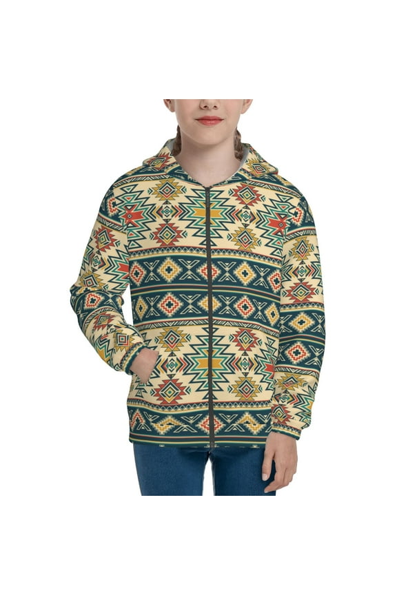 Traditional Tribal Aztec1 Teenage Zipper Hoodie, Long Sleeve Zip Up Hoodies Casual Jackets Tops for 7-12 Years-Small