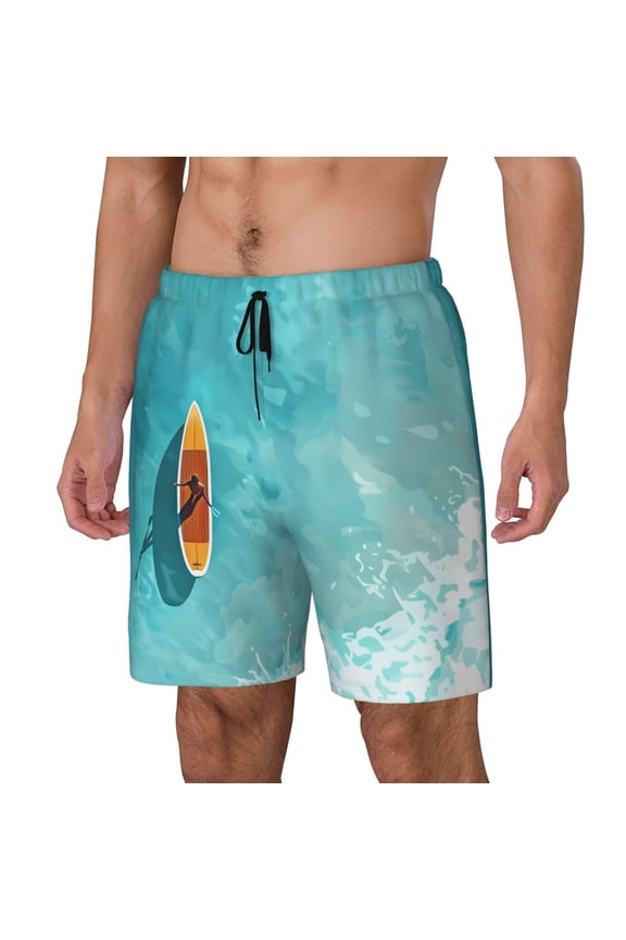 Tranquil Ocean Canoe Journey Print Men Swim Trunks with Compression Liner ,Board Shorts,Men's Swim Shorts with Drawstring and Elastic Waistband-Medium
