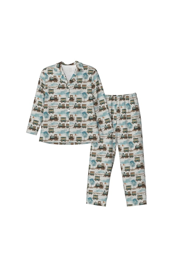 Transport Train Men’s Pajamas Set - Long Sleeve Button Down Sleep Shirt and Pajama Bottoms Sleepwear Set-XX-Large