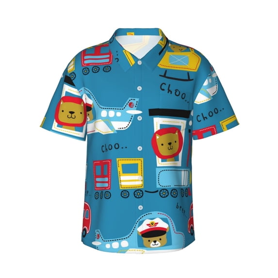 Naloa Transportations With Cute Animals Authentic Hawaiian Shirt, Men's Tropical Aloha Shirt for Summer Parties Vacations - XX-Large