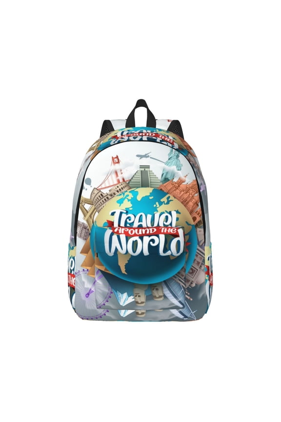 Travel Around The World Canvas Backpack for Men Women Rucksack Casual Travel Daypack College Tote Satchel Bookbag for Teens-Small