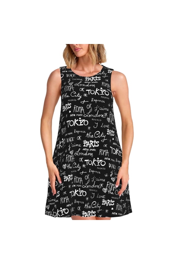 Travel The World Print Women's Summer Spring Casual Beach Sundress,Vacation Sleeveless Tank Crewneck Loose Dresses