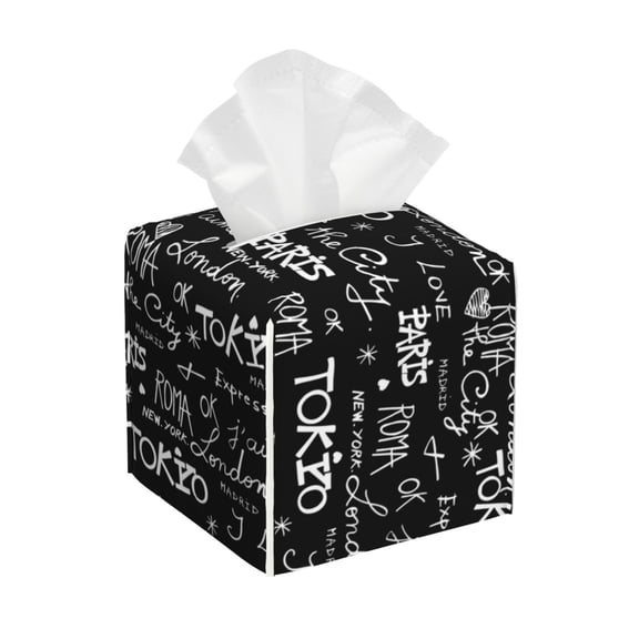 Naloa Travel The World Tissue Box CoverLeather Tissue Holder Square Facial Tissue Case Facial Paper Organizer Dispenser for Bathroom, Vanity Countertop, Tabletop, Car