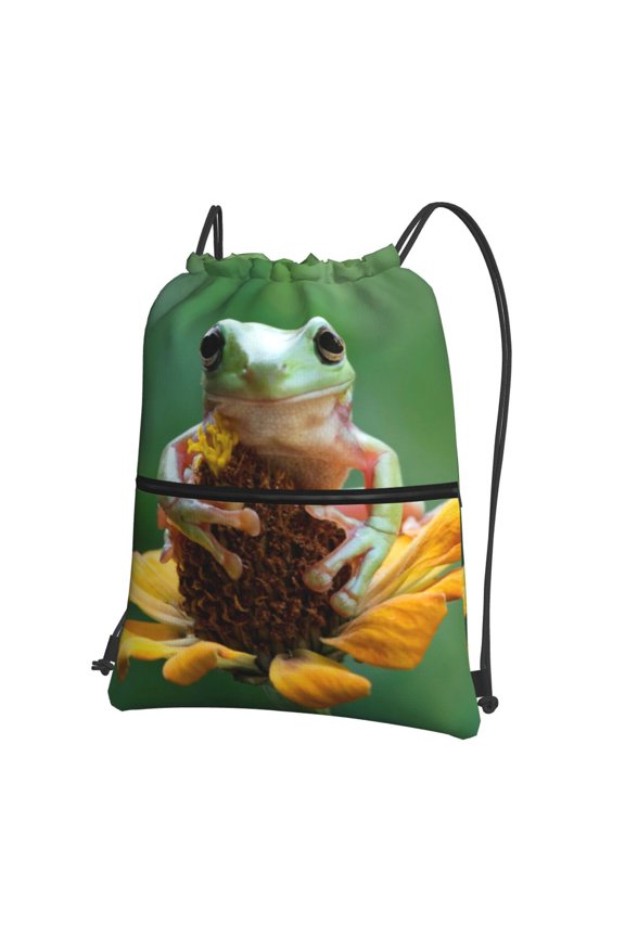 Tree Frog Sitting On Sunflowes Drawstring Backpack String Bag Cinch Water Resistant for Gym Shopping Sport Yoga