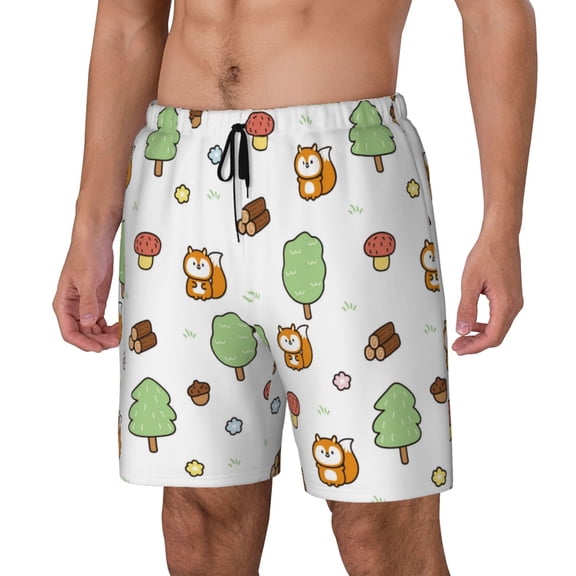 Naloa Tree Squirrel Print Men Swim Trunks with Compression Liner ,Board Shorts,Men's Swim Shorts with Drawstring and Elastic Waistband-Large