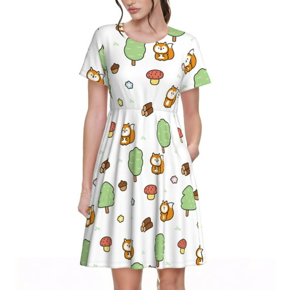 Naloa Tree Squirrel Print Womens Summer A-Line Dress with Pockets,Short Sleeve Dresses,Flowy Beach Swing Dress for Vacation Travel
