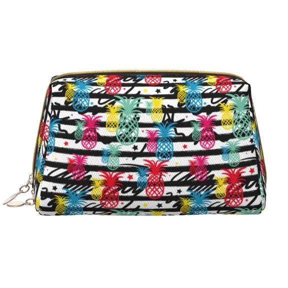 Naloa Trendy Colorful Pineapples 1 Leather Makeup Bag for Purse Travel, Portable Small Cosmetic Organizer for Women and Girls, Make up Bag with Zipper