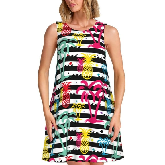 Naloa Trendy Colorful Pineapples Print Women's Summer Spring Casual Beach Sundress,Vacation Sleeveless Tank Crewneck Loose Dresses