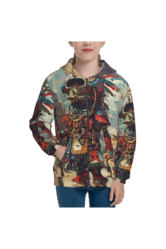 Tribal Futuristic Warrior Teenage Zipper Hoodie, Long Sleeve Zip Up Hoodies Casual Jackets Tops for 7-12 Years-