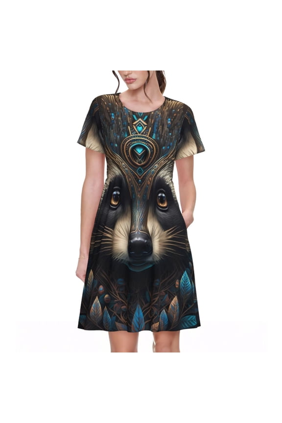 Tribal Style Raccoon Print Womens Summer A-Line Dress with Pockets,Short Sleeve Dresses,Flowy Beach Swing Dress for Vacation Travel