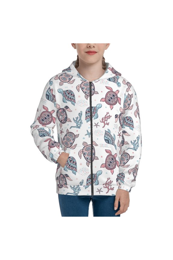 Tribal Style Turtle Teenage Zipper Hoodie, Long Sleeve Zip Up Hoodies Casual Jackets Tops for 7-12 Years-Medium